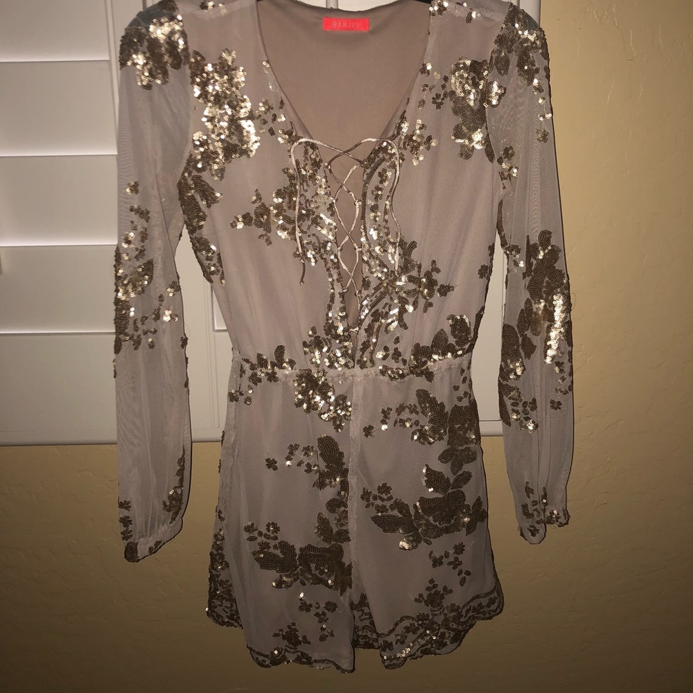 Nude sequin romper with sheer mesh arms